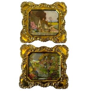 Ornate Gold Framed Cottage Garden Art Prints - Set of 2